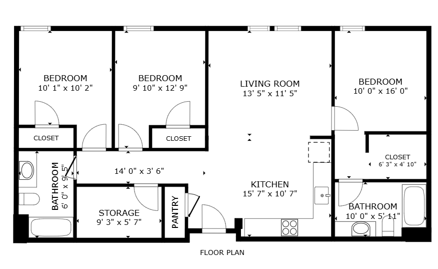 Floor plan for 3 beds, 1 bath, 1127 sqft